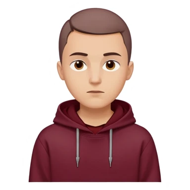 young European male, maroon hoodie with hood up, short brown buzzcut, smooth skin, oval face, defined jaw, high cheekbones, sharp eyes, straight eyebrows, neutral calm expression sticker
