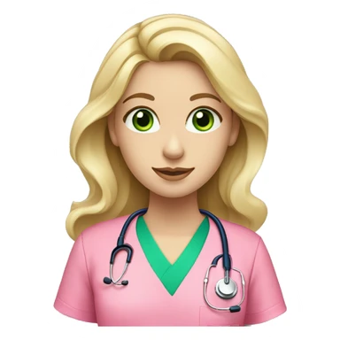 pale blonde girl with long wavy hair and green eyes wearing pink scrubs and stethoscope  sticker