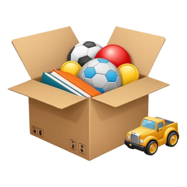 cardboard box with toys, rc, books, CD, realistic sticker