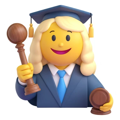 3D smiley emoji, round shape, judge wig and gavel, smiling face sticker