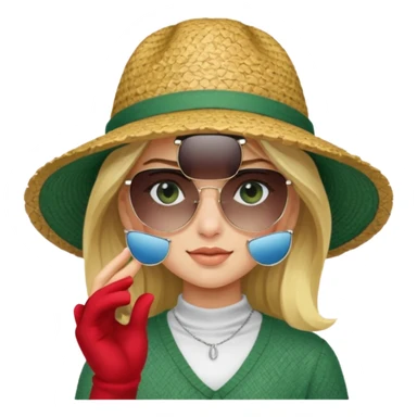 blonde girl in dark green straw hat adjusting sunglasses sticker