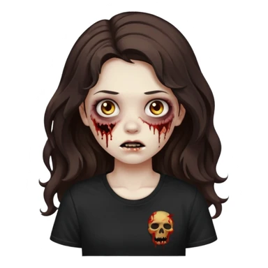 crie uma garota com ferimentos zoombie cabelo ondulado 2c longo castanho escuro e blusa básica preta sem nada  sticker
