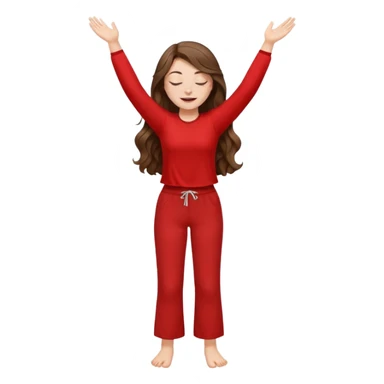 crie uma menina branca com cabelos castanhos longos ondulados, uma roupa de calça e blusa de manga curta na cor vermelho, com braços juntos para cima, olhos fechados e perna levantada sticker