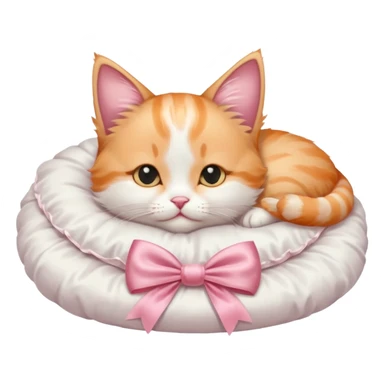 light orange and white kitten with a satin pink bow sleeping on a satin white cat  ed sticker