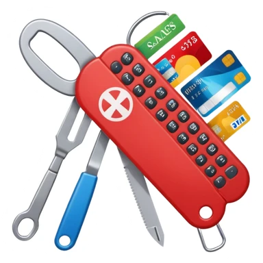 emoji of a swiss army knife with unfolded tools shaped as calculator, credit card, headset, and sales graph, symbolizing job functions related to calling customers for e-conomic, colorful and modern sticker