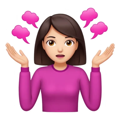 Social media manager. She has dark brown hair, brown eyes, exhaling deeply, hands slightly raised showing frustration. Use vibrant colors with a focus on pink and fuchsia tone sticker