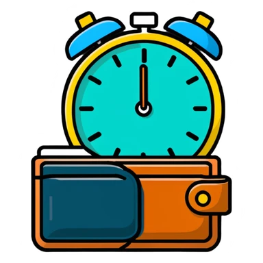 leather wallet next to an alarm clock sticker