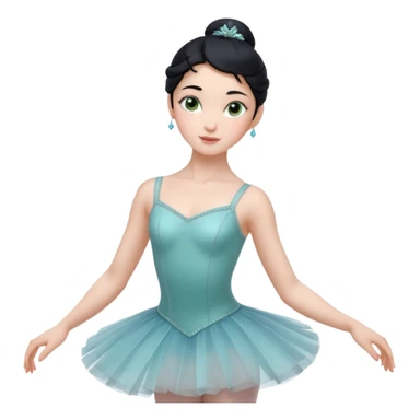 Cinematic Realistic ballerina Medium Blue Portrait, depicted with lifelike skin texture, subtle rosy undertones, and soft natural lighting that enhances the gentle contours of her face. Her intricately detailed sweet black hair is elegantly styled, green eyes sticker