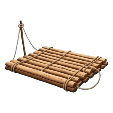showing a simple wooden raft floating on calm blue water — made of several brown logs tied together with rope — gentle ripples around it — bright, cheerful lighting and soft shadows — minimalist, clean emoji design sticker