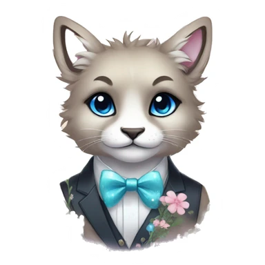 Anthro Cute Cool Kawaii gorgeous sparkly ethereal fantasy animal creature with blue eyes furry sona with flowers and bow tie beautiful aesthetic sticker