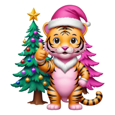 Pink tiger with Santa hat thumbs up, by a brightly lit colorful Christmas tree sticker