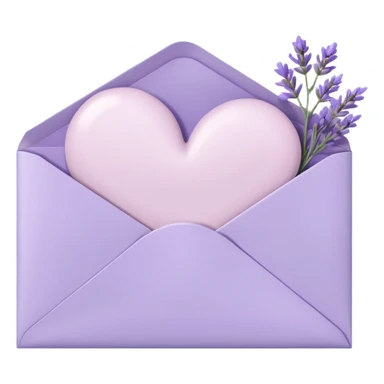 a closed pastel light whitish purple envelope with a white heart doodle on it, with some white papers, and lavender flowers laying on top  sticker