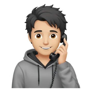a white man with black messy, grey hoodie taking a call, happy sticker