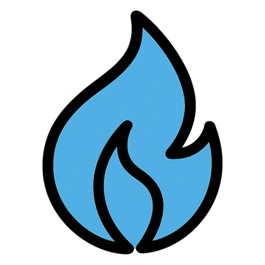 blue abstract flame shape, bold black outline, geometric style sticker