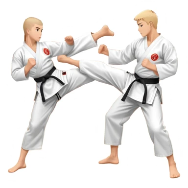 Two karate fighters in traditional gi sparring. One executes a high kick aimed at the opponent’s head, while the other blocks with a strong hand defense. The background features a classic dojo with wooden flooring and banners. Dynamic motion and focused expressions. Transparent background. sticker