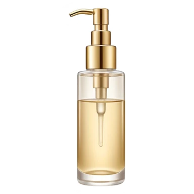 elegant semi-transparent pump bottle filled with pale golden to clear liquid, slightly glossy and lightweight, cylindrical bottle with curved pump top and clean lines, skincare product style, no label, no extras, soft lighting, subtle shadows, emoji scale sticker