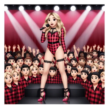 Sabrina carpenter singing at concert wearing a black and red plaid bodysuit a red sheer top covering the bodysuit, a strip of black lace around her leg, black sparkle heels. there is a  huge crowd and light pink stage setting  sticker