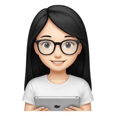 Long black hair girl in a white T-shirt and black square glasses smiling studying with an Ipad. sticker