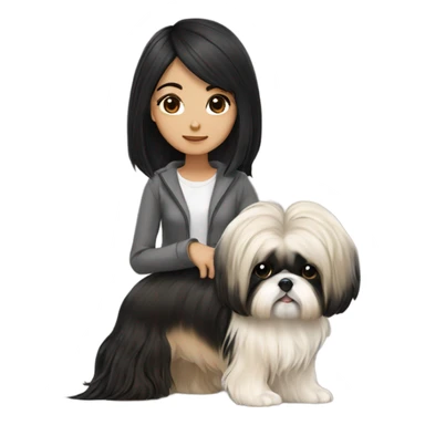 long black hair korean girl with beige and black shih tzu yorkie sticker