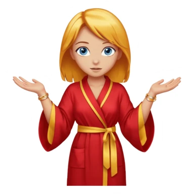 lightly tanned skin, blue eyes, cute and sexy girl with bright yellow-brown hair in a few shades of red robe, golden rings, slight cute makeup, full body, slightly turned aside pose, hands hidden behind back sticker