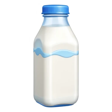 A 3D cartoon bottle of milk with white liquid, blue cap, clean reflections, Memoji-style. sticker