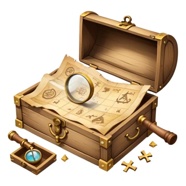 An icon depicting a treasure map with an open chest, surrounded by clues and mysterious symbols. A magnifying glass hovers over the map, symbolizing the thrill of discovery and adventure. Set on a transparent background, it should evoke the excitement of solving puzzles and exploring new worlds. sticker