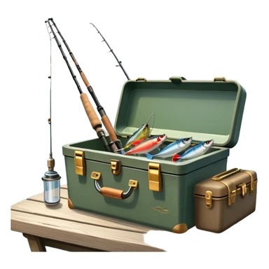 Icon for Fishing: a boat on the shore of a peaceful water body with a beautiful natural landscape, a fishing tackle box, a spinning rod. The icon should capture the tranquility and gear of a fishing adventure. Without frame. Transparent background. sticker