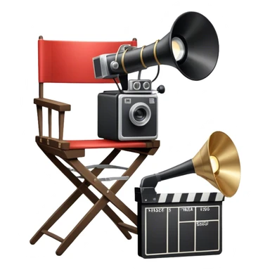 Icon for Directing: a director's chair, a film clapperboard, large movie camera, vintage megaphone and a stage with a spotlight. The icon should represent the creative and organizational aspects of directing, with focus on storytelling, staging, and performance. Transparent background. sticker
