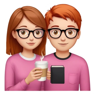 girl with brown hair and hazel eyes drinking latte, hair just below shoulder length and wearing a pink shirt. She is with her with her boyfriend who has orange/red hair, black glasses, and is taller than her. He needs a book in his hand  sticker
