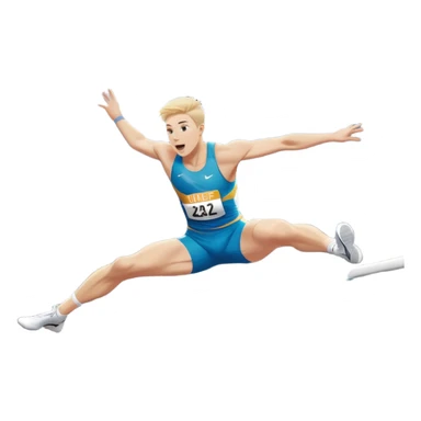 An icon of an white-skined athlete soaring over a hurdle, mid-jump, with a powerful form. The background features a vibrant stadium, with the track and hurdles in sharp focus, and a cheering crowd along the stands. The motion of the jump emphasizes speed and agility. Transparent background. sticker