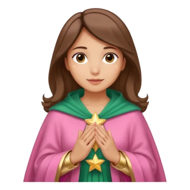 Mujer de piel morena, rostro sereno, manos juntas. Vestido rosa, manto azul verdoso con estrellas doradas. Resplandor dorado alrededor del cuerpo. sticker