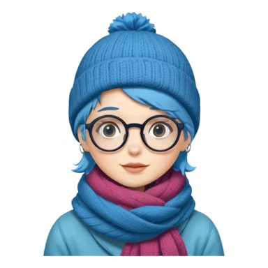 A shy blue straight hair woman with big round glasses and thick scarf and a beanie, blushing from the cold. sticker