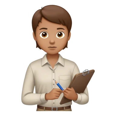 Intern or volunteer with brown hair holding a clipboard and pencil, ready to take notes or assist. The character wears a simple shirt and has an eager posture sticker