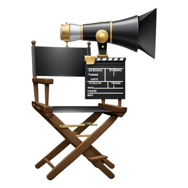 Icon for Directing: a director's chair, a film clapperboard, large movie camera, vintage megaphone and a stage with a spotlight. The icon should represent the creative and organizational aspects of directing, with focus on storytelling, staging, and performance. Transparent background. sticker