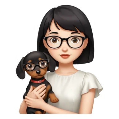 A girl with short black hair and bangs, wearing glasses and white dress, golding a dachshund puppy sticker