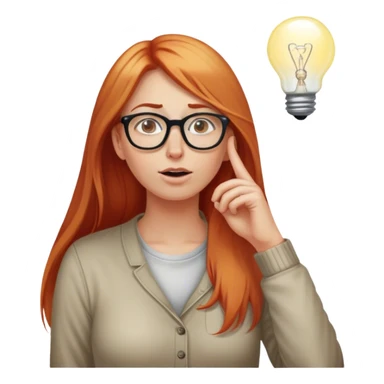 intelligent and clever, 30 year old, girl, long red and almost blond hair, glasses, has an brillant idea, rubs his nose, light bulb over the head, casual cloth  sticker