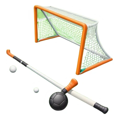 field hockey stick and ball on vibrant green grass field with goalposts sticker