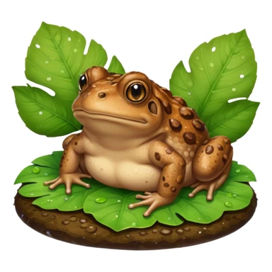 A brown toad sitting on wet ground near a pond, rough bumpy skin, natural light, green leaves around, realistic wildlife photo. sticker