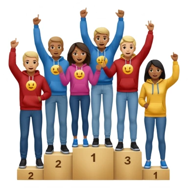 multi-racial men and women standing on a winners’ podium with the middle podium position elevated, each person casually dressed in fun clothing like jeans and hoodies, excited, fun, expressive emoji style sticker