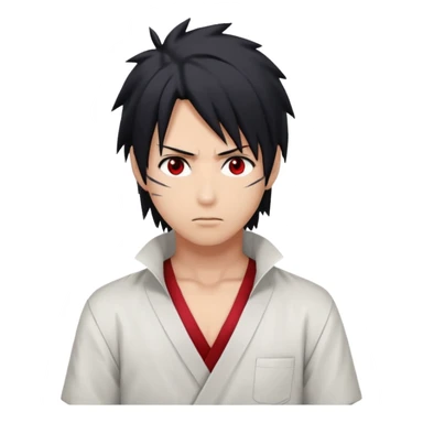 Sasuke Uchiha. White low cut shirt, dark hair, Sasuke hair, red eyes sticker