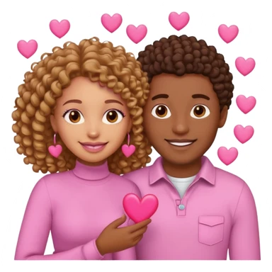 a black couple, woman light skin with curly hair and man brown skin with a nice smile with pink hearts around them cartoon emoji sticker