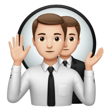A man wearing a white dress shirt and black tie looking into a mirror holding up his hand. We should be seeing the back of the man and his reflection in the mirror. sticker