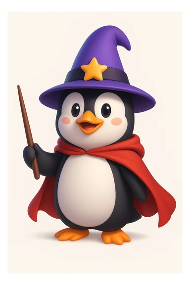 A penguin wizard with a pointy hat and a magic wand and a red cape sticker