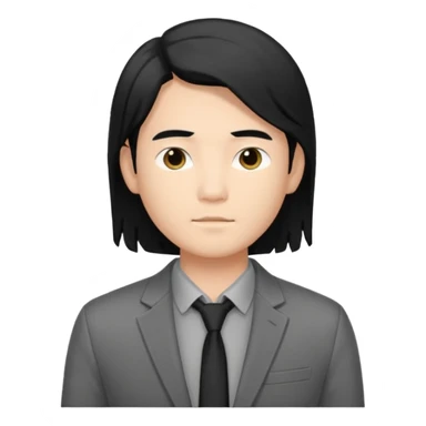 asian young man with long black hair middle part haircut in grey blazer and black t-shirt  sticker