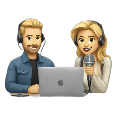 White man and woman podcasting with mics and a MacBook sticker
