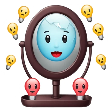 Minimalist emoji-style sticker of a vanity mirror with dim bulbs and cracked glass, words “Am I real yet?” smeared in dusty lipstick tone


 sticker