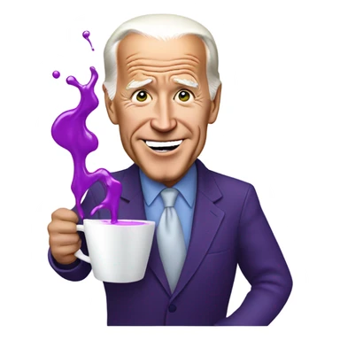 biden with purple liquid spilling out of white cup sticker