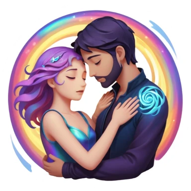 Two lovers surrounded by collapsing magic light, tragic dark fantasy romance sticker