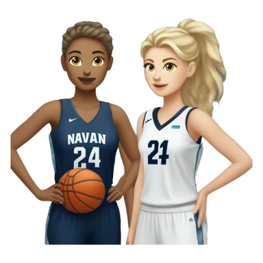 Basketball beautiful white female player from the back with navy blue jersey that has the number 24 holding a basketball on the side sticker