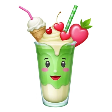 Cute emoji-style illustration of a green soda float with ice, vanilla ice cream scoop, two red cherries, pink heart-shaped straw, simple shapes, bright colors, glossy, kawaii style, centered, transparent background
 sticker